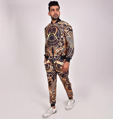 Men Graphic Digital Printed Henley Neck Lycra Tracksuit